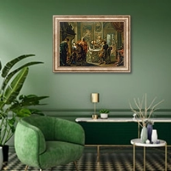 «The Pleasures of the Seasons: Winter, c.1730» в интерьере гостиной в зеленых тонах