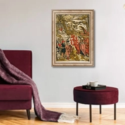 «St. John in the desert, 1498» в интерьере гостиной в бордовых тонах