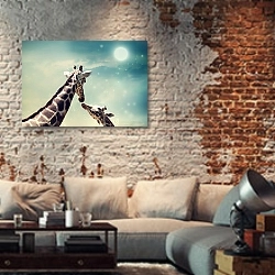 «Жирафы на фоне ночного неба» в интерьере гостиной в стиле лофт с кирпичной стеной