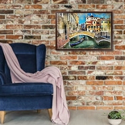«Романтический канал Венеции» в интерьере в стиле лофт с кирпичной стеной и синим креслом