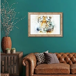 «Рисунок головы тигра» в интерьере гостиной с зеленой стеной над диваном