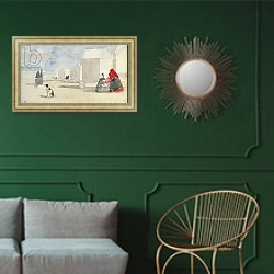 «By the Bathing Machines, 1866» в интерьере классической гостиной с зеленой стеной над диваном