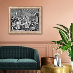 «A Harlot's Progress, plate IV, Scene in Bridewell» в интерьере классической гостиной над диваном