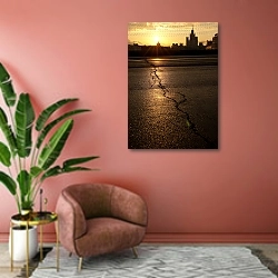 «Москва. Большой Москворецкий мост и высотка» в интерьере современной гостиной в розовых тонах