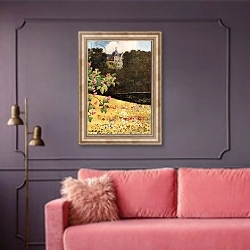 «Schloss zu Gmunden from the Chestnut Avenue» в интерьере гостиной с розовым диваном
