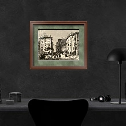«Street in Barcelona, illustration from 'Spanish Pictures' by the Rev. Samuel Manning» в интерьере кабинета в черных цветах над столом