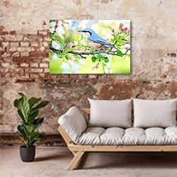 «Весенняя птица» в интерьере гостиной в стиле лофт над диваном