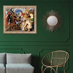 «Abraham and Melchizedek, 1615-18» в интерьере классической гостиной с зеленой стеной над диваном