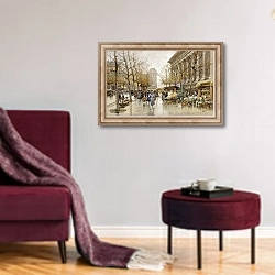 «Paris Street in Autumn,» в интерьере гостиной в бордовых тонах