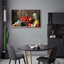 «Натюрморт с помидорами в корзине» в интерьере современной кухни в серых цветах