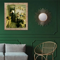 «In the Mask Studio, 1897» в интерьере классической гостиной с зеленой стеной над диваном