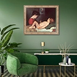 «The Awakening Child» в интерьере гостиной в зеленых тонах