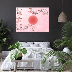 «Вишневый розовый цвет» в интерьере современной спальни с черными стенами
