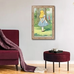 «Alice and the Cheshire Cat, illustration from 'Alice in Wonderland' by Lewis Carroll» в интерьере гостиной в бордовых тонах
