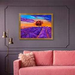 «Поля лаванды в последних лучах солнца» в интерьере гостиной с розовым диваном