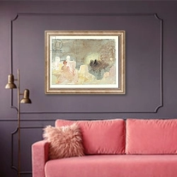 «Interior at Petworth with a seated woman, 1830» в интерьере гостиной с розовым диваном
