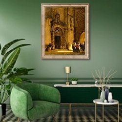 «Side portal of Como Cathedral, 1850» в интерьере гостиной в зеленых тонах