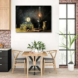 «Натюрморт с часами и керосиновой лампой на деревянном столе» в интерьере кухни с кирпичными стенами над столом