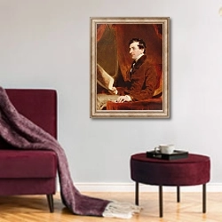 «Portrait of Samuel Woodburn, c.1820» в интерьере гостиной в бордовых тонах
