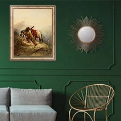 «The Scalp-Lock» в интерьере классической гостиной с зеленой стеной над диваном