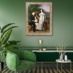 «The Kerzman Family, c.1840» в интерьере гостиной в зеленых тонах
