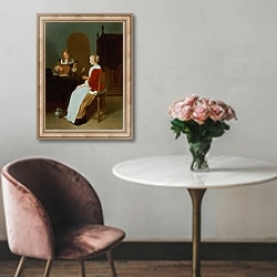 «An interior with a lute player and a woman holding a parrot» в интерьере в классическом стиле над креслом