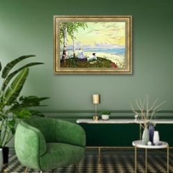 «На Волге. 1922» в интерьере гостиной в зеленых тонах