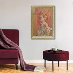 «The Sphinx, 1898» в интерьере гостиной в бордовых тонах