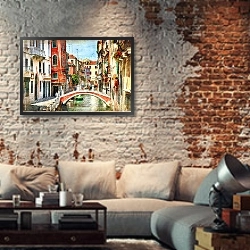 «Венецианская улица с мостом через канал» в интерьере гостиной в стиле лофт с кирпичной стеной