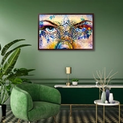 «Пара голубых женских глаз на абстрактном фоне» в интерьере гостиной в зеленых тонах