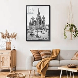 «The Cathedral of St. Basil the Blessed on the Red Square in Moscow» в интерьере гостиной в стиле ретро над диваном