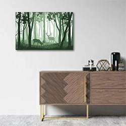 «Зеленый лес с деревьями и двумя оленями» в интерьере комнаты в скандинавском стиле над комодом