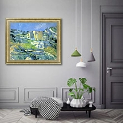 «Дома в Провансе (дома близ Эстаки)» в интерьере гостиной с зеленой стеной над диваном