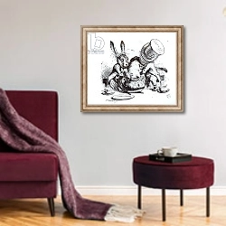 «The Mad Hatter and the March Hare putting the Dormouse in the Teapot, 1865» в интерьере гостиной в бордовых тонах