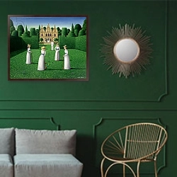 «The Croquet Match, 1978» в интерьере классической гостиной с зеленой стеной над диваном