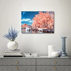 «Причал с катером под розовыми пальмами» в интерьере современной гостиной с голубыми деталями