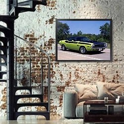 «Dodge Challenger T A 340 Six Pak '1970» в интерьере двухярусной гостиной в стиле лофт с кирпичной стеной