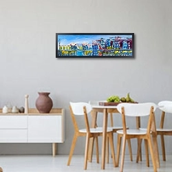 «Городская панорама с набережной и мостом» в интерьере современной светлой кухни-столовой