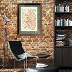 «Карта Брюсселя, конец 19 в. 3» в интерьере кабинета в стиле лофт с кирпичными стенами