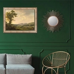 «Landscape with Haymakers and a Distant View of a Georgian House, c.1780» в интерьере классической гостиной с зеленой стеной над диваном
