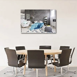 «Уютная спальня с серыми оштукатуренными стенами» в интерьере конференц-зала с круглым столом