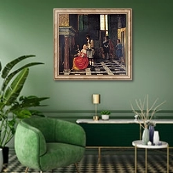 «The Card Players, c.1663-65» в интерьере гостиной в зеленых тонах