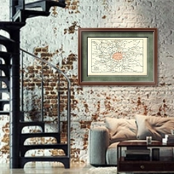 «Карта Парижа: крепости, конец 19 в.» в интерьере двухярусной гостиной в стиле лофт с кирпичной стеной