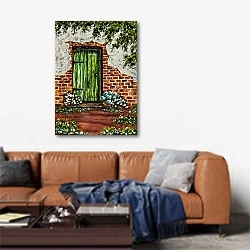 «Кирпичный дом с зеленой дверью» в интерьере современной гостиной над диваном