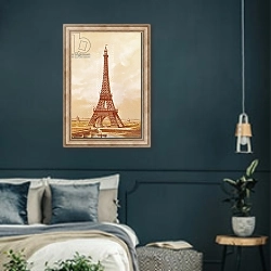 «The Eiffel Tower, 1889» в интерьере классической спальни с темными стенами
