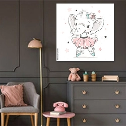 «Слоненок - балерина в пачке» в интерьере детской комнаты для девочки в серых тонах