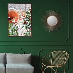 «Christmas Robins 3» в интерьере классической гостиной с зеленой стеной над диваном
