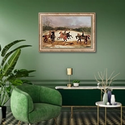 «Grooms exercising racehorses» в интерьере гостиной в зеленых тонах