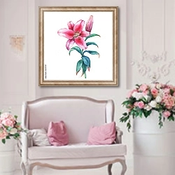 «Веточка розовой лилии с цветком и бутоном» в интерьере гостиной в стиле прованс над диваном