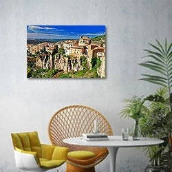 «Испания.  Куэка. Город в скалах » в интерьере современной гостиной с желтым креслом